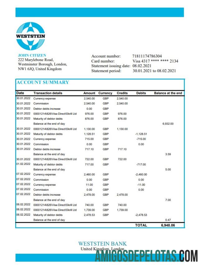 Exemplo de Excel do Weststein Bank do Reino Unido